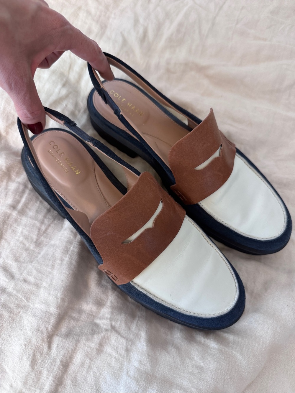 Cole Haan Women’s White, Brown & Navy Leather Slingback Loafers